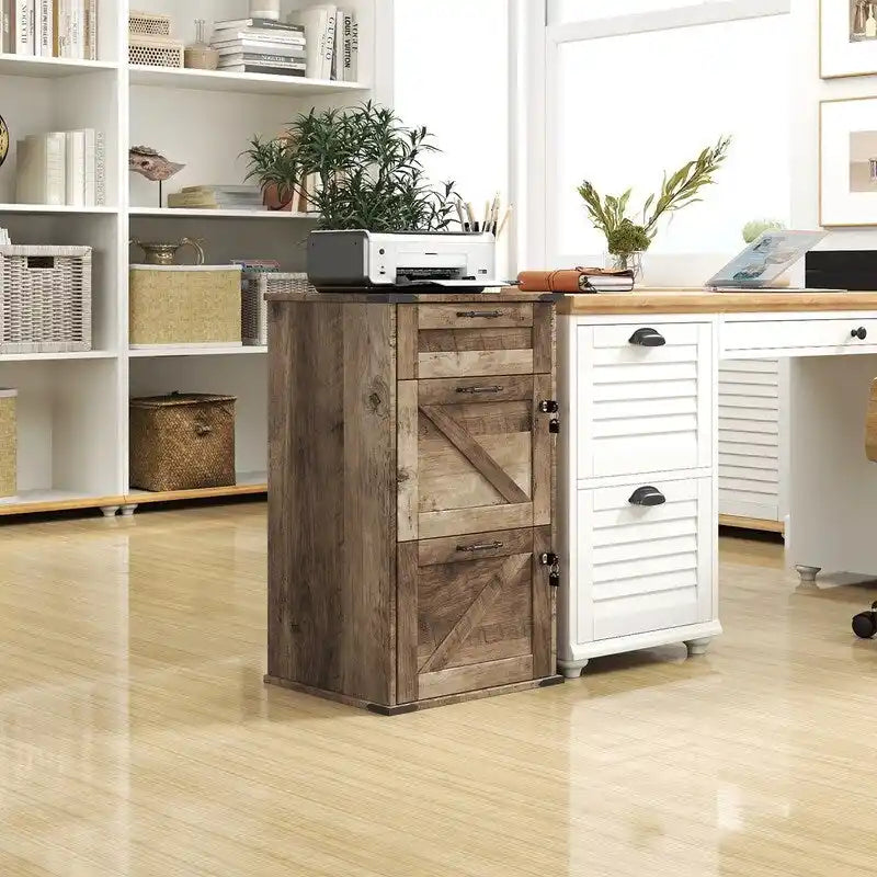 Barn Door Wooden 3 Drawers With Lock 30.71H