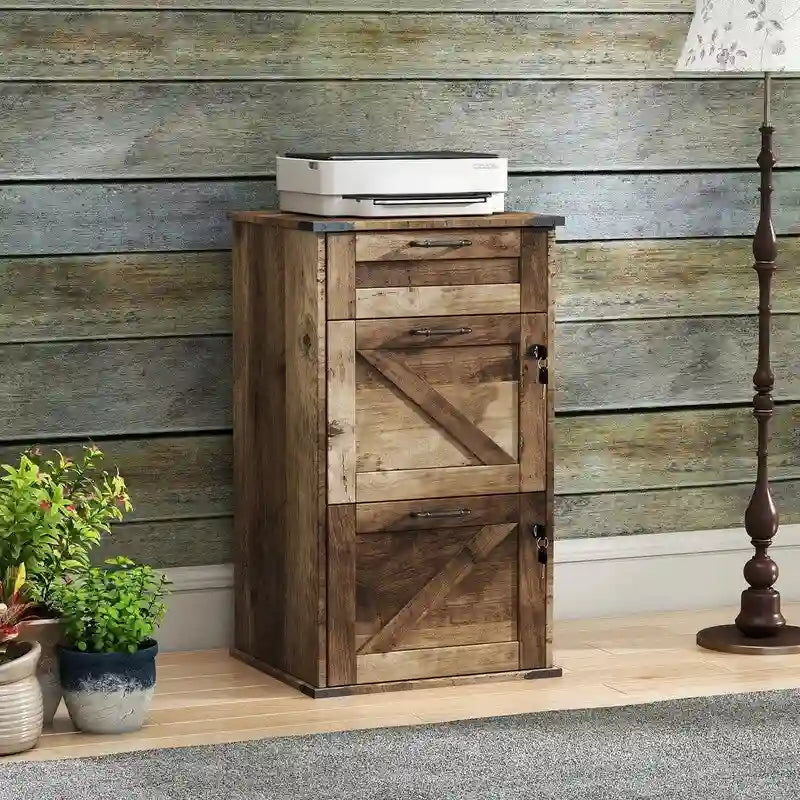 Barn Door Wooden 3 Drawers With Lock 30.71H