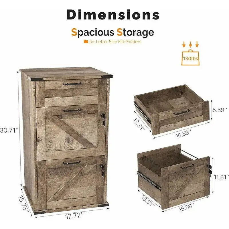 Barn Door Wooden 3 Drawers With Lock 30.71H