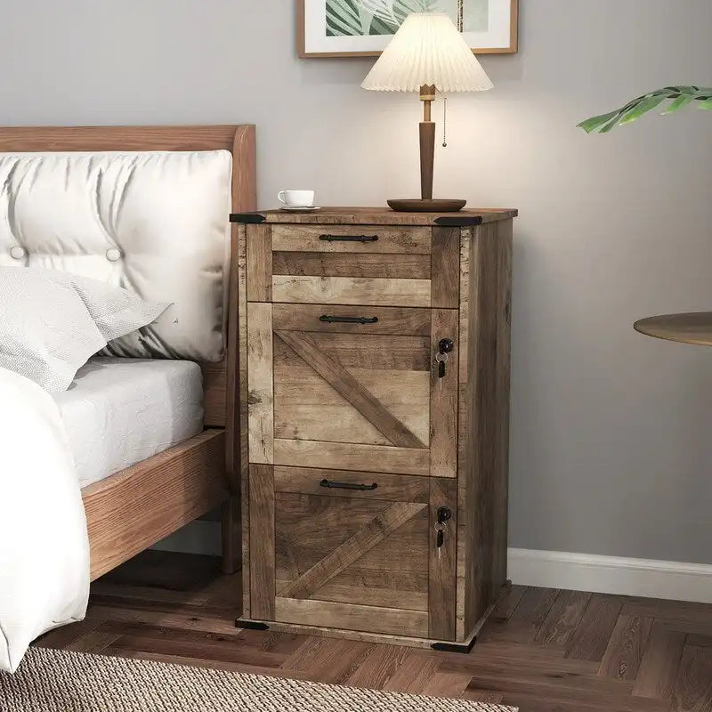 Barn Door Wooden 3 Drawers With Lock 30.71H