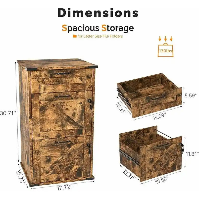 Barn Door Wooden 3 Drawers With Lock 30.71H