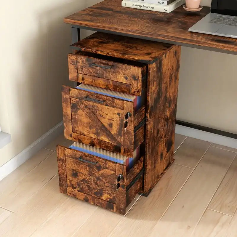 Barn Door Wooden 3 Drawers With Lock 30.71H