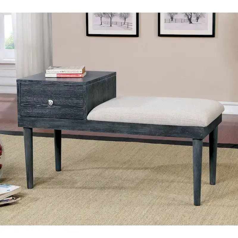 Contemporary Grey Solid Wood 1-Drawer Accent Bench by