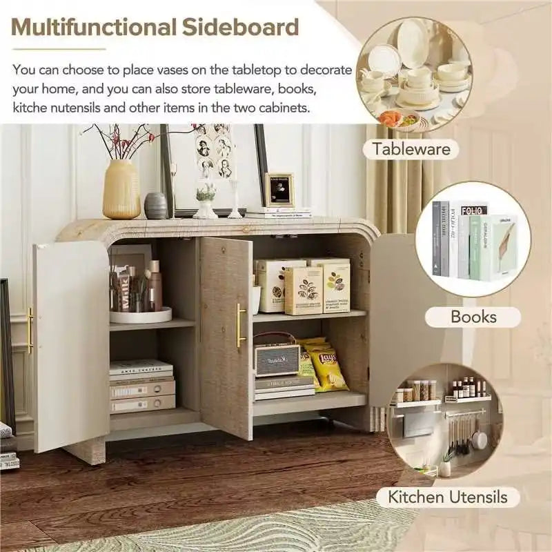 Retro Minimalist Curved Sideboard with Gold Handles and Adjustable Dividers for Living Room or Dining Room