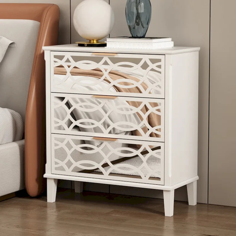 26H End Table of Drawers Mirrored Lacquered Dresser Chest White/Gold