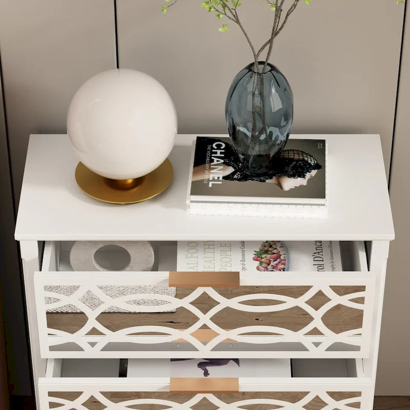 26H End Table of Drawers Mirrored Lacquered Dresser Chest White/Gold