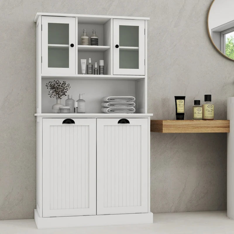 Two-Compartment Tilt-Out Dirty Laundry Basket Tall Bathroom Cabinet with 2 Adjustable Shelves-White
