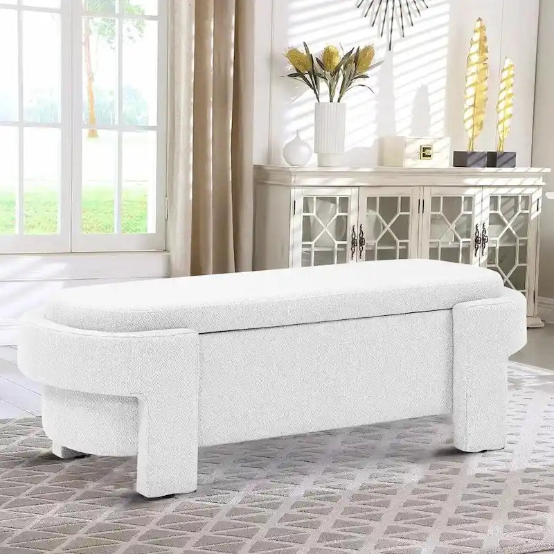 French Minimalist Fabric Upholstered Storage Bench with Four Upholstered Legs