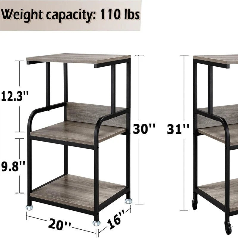 3 Tier Mobile Printer Stand on Wheels with Storage Shelves - 16D x 20W x 30H