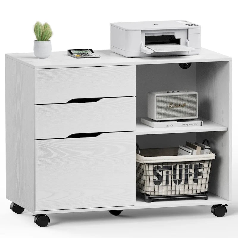 Mobile Lateral File Cabinet & Printer Stand with 3 Drawers and 2 Open Shelves