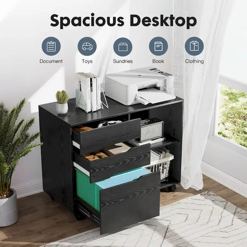 Mobile Lateral File Cabinet & Printer Stand with 3 Drawers and 2 Open Shelves