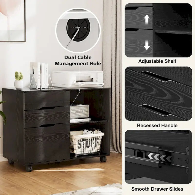 Mobile Lateral File Cabinet & Printer Stand with 3 Drawers and 2 Open Shelves