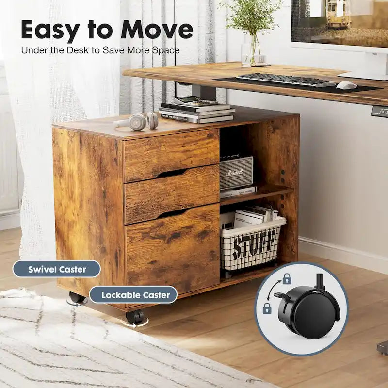 Mobile Lateral File Cabinet & Printer Stand with 3 Drawers and 2 Open Shelves