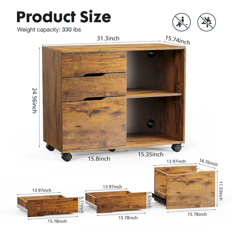 Mobile Lateral File Cabinet & Printer Stand with 3 Drawers and 2 Open Shelves