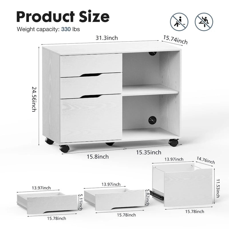 Mobile Lateral File Cabinet & Printer Stand with 3 Drawers and 2 Open Shelves