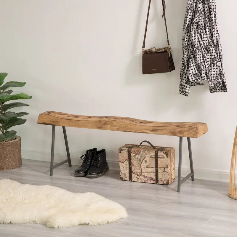 Rustic Carved Wood Natural Log Accent Bench