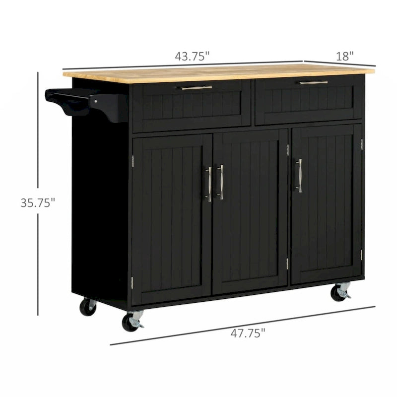 Kitchen Cart with Wood Top, Storage Drawers, 3-door Cabinets, Adjustable Shelves and Towel Rack, Black