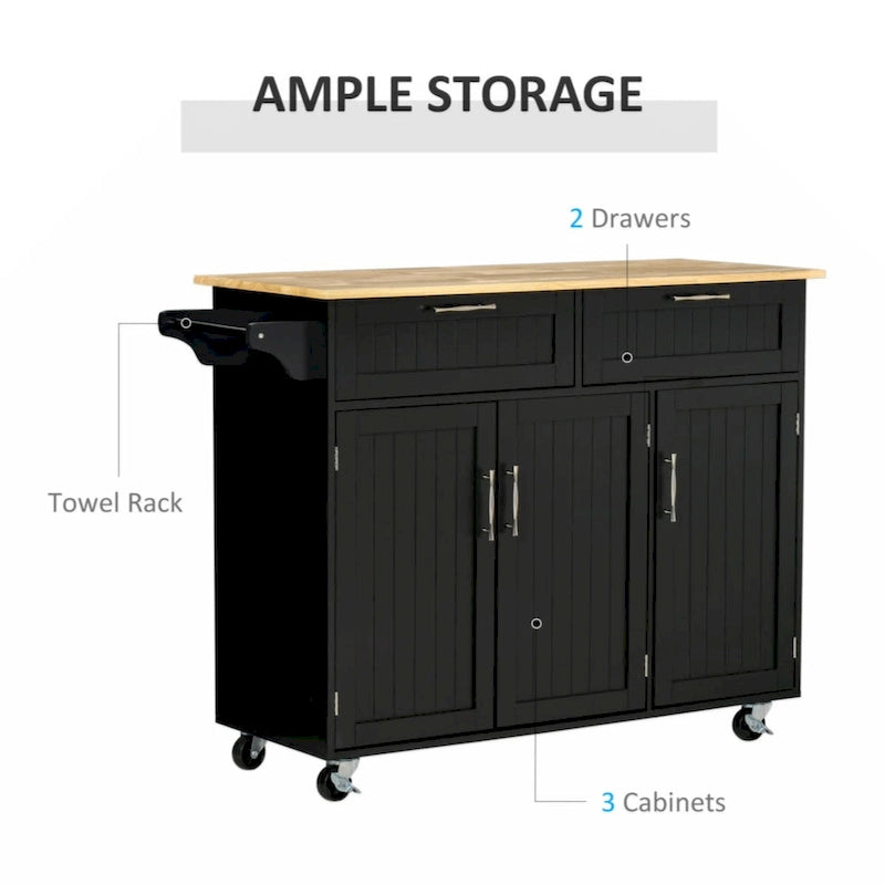 Kitchen Cart with Wood Top, Storage Drawers, 3-door Cabinets, Adjustable Shelves and Towel Rack, Black