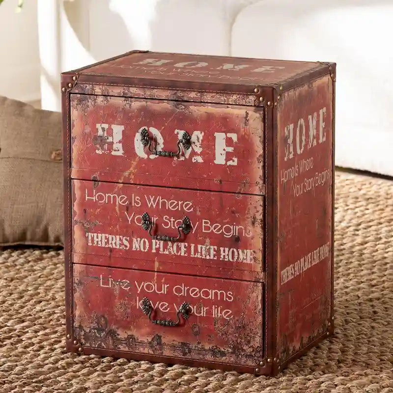 Vintage Faux Leather and Wood 3-Drawer Storage Trunk