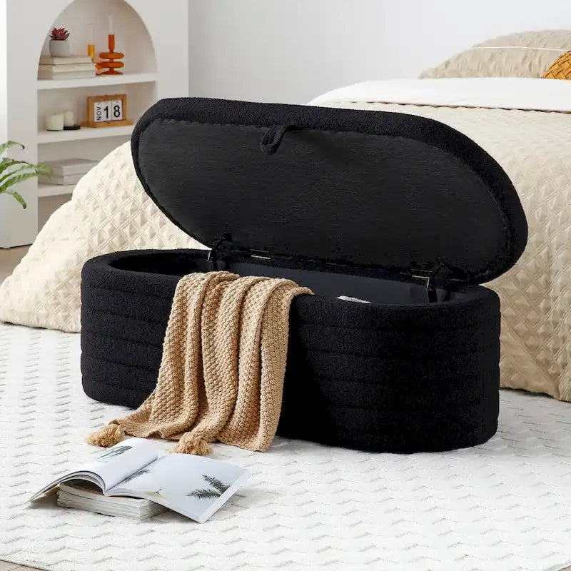 Modern End of Bed Bench with Storage Upholstered Sherpa Fabric Large Storage Bench Ottoman Shoe Stool Long Bench for Bedroom