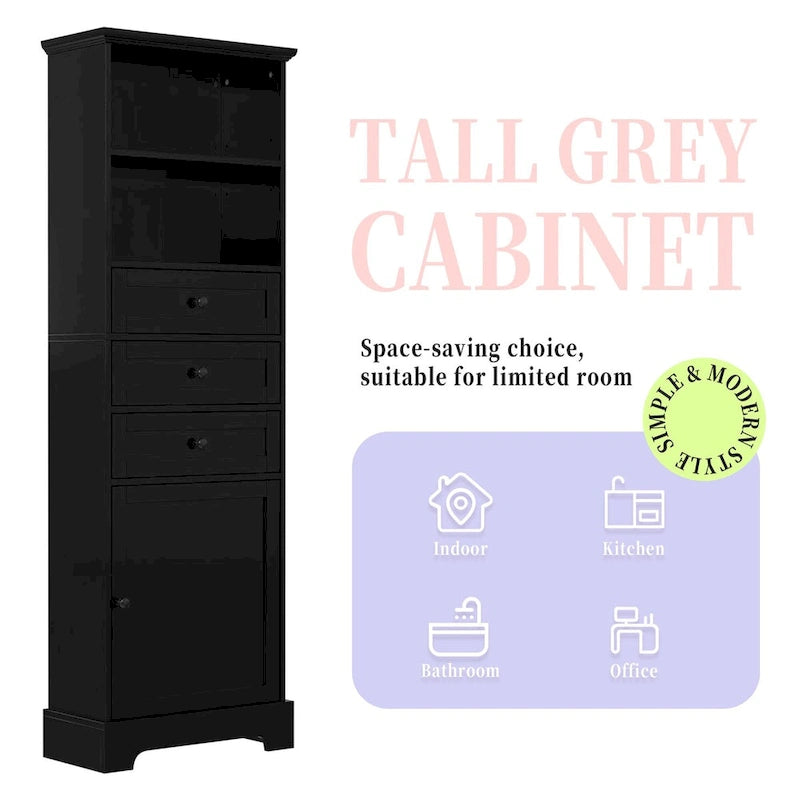 Black Tall Storage Cabinet with 3 Drawers and Adjustable Shelves for Bathroom,MDF Board with Painted Finish