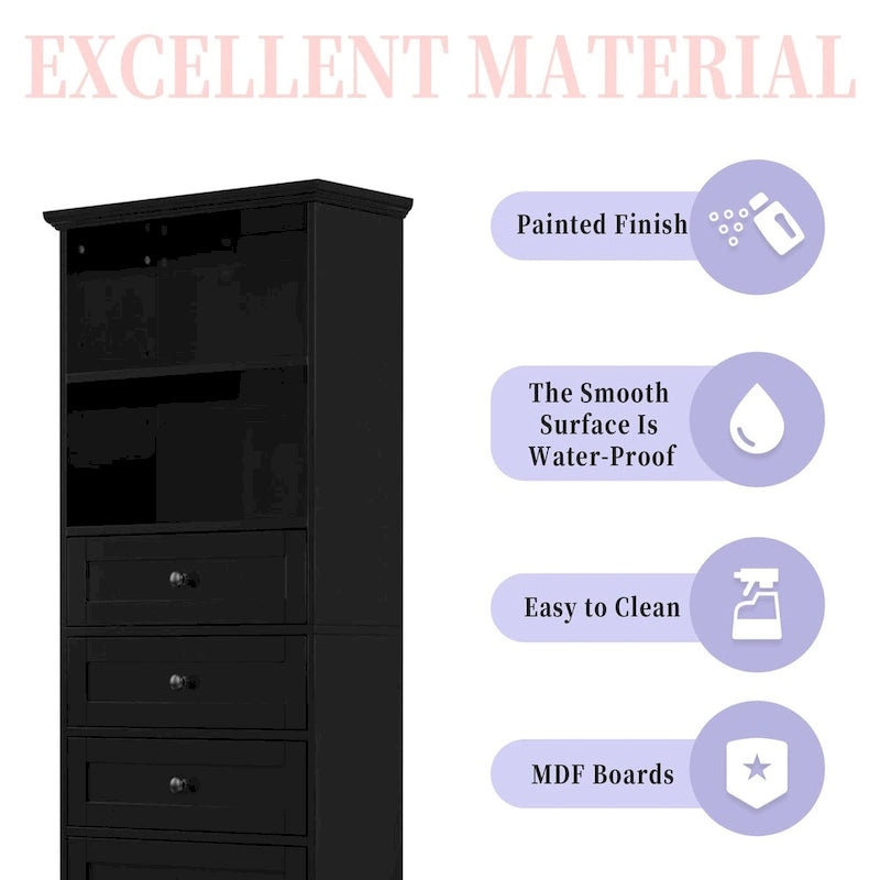 Black Tall Storage Cabinet with 3 Drawers and Adjustable Shelves for Bathroom,MDF Board with Painted Finish